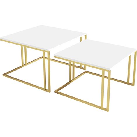 Conjunto mesa de centro Oswego 110, Blanco + Dorado, 50x76x76cm, Diámetro: 0, Aglomerado laminado, Angular