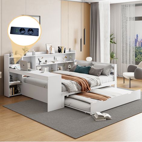 Letto MEUBLIV 140x200 cm bianco con scrivania, ripiani e letto estraibile, senza materasso (1/5)