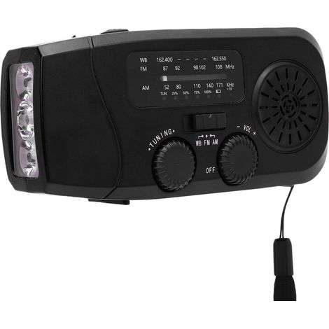 Radio solaire manivelle 2000mAh AM FM WB radio météo alerte avec lampe LED pour camping randonnée extérieur noir ABS PC PVC (1/5)