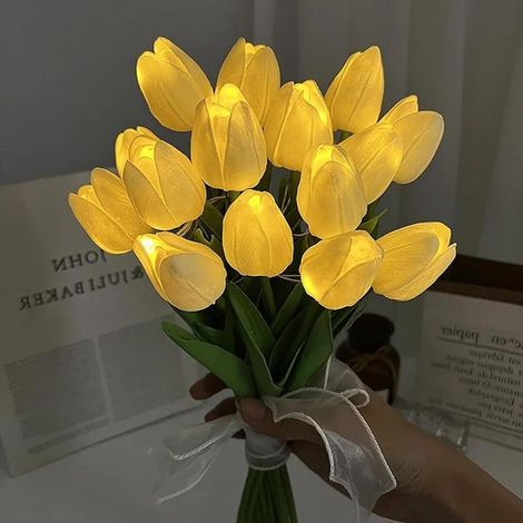 Fleurs artificielles lumineuses, bouquet de tulipes artificielles, décoration de salon, aspect réaliste, 15 pièces, jaune clair (1/5)
