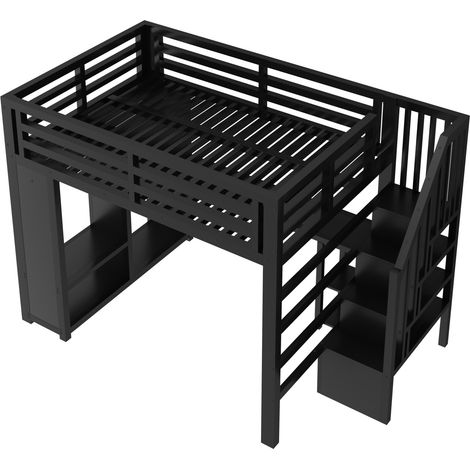 Cama alta gaming de metal 140x200 cm negra con escritorio, LED, almacenaje y armario abierto (1/5)
