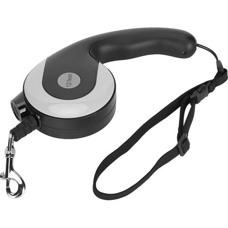 Laisse rétractable pour chien avec poignée antidérapante, lumière LED et crochet en métal (noir et gris) (1/5)