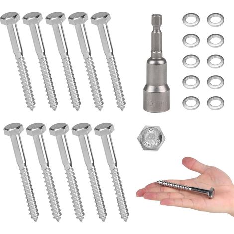 10 PCS Vis Tire-Fond Tête Hexagonale M8 x 80 mm Inox AISI 304 (A2), Tirefond Beton avec Rondelles et Clé à Six Pans, Vis à Bois Tête Hexagonale Autoperceuse, pour Assembler le Bois (1/5)