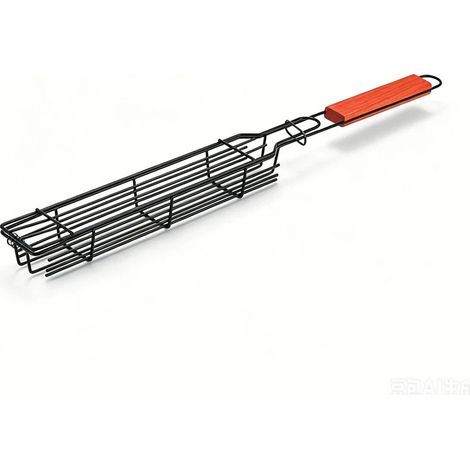 Panier à griller antiadhésif en acier au carbone avec poignée en bois - Dimensions : 49 x 4,5 x 3,5 cm, idéal pour les brochettes et le barbecue, outil d'extérieur durable et pratique (1/5)