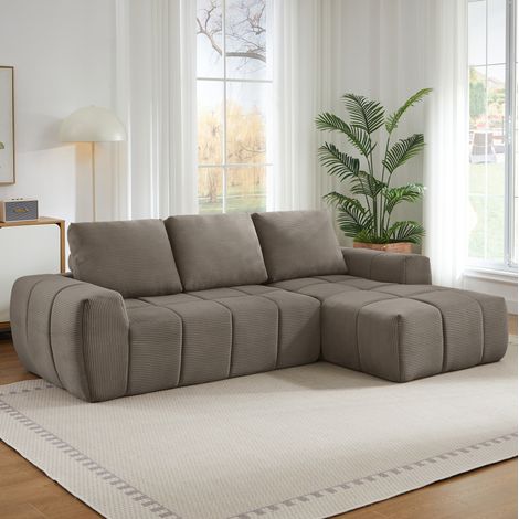 Sofá esquinero de pana taupe, diseño segmentado capitoné, acolchado con espuma y muelles ensacados, sin montaje (1/5)