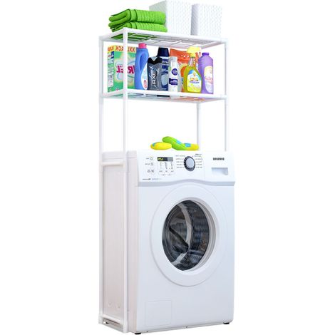 Mensola da bagno in metallo bianco con 2 ripiani, design anti-ostacolo, 68x28x169 cm, 20 kg, 7house