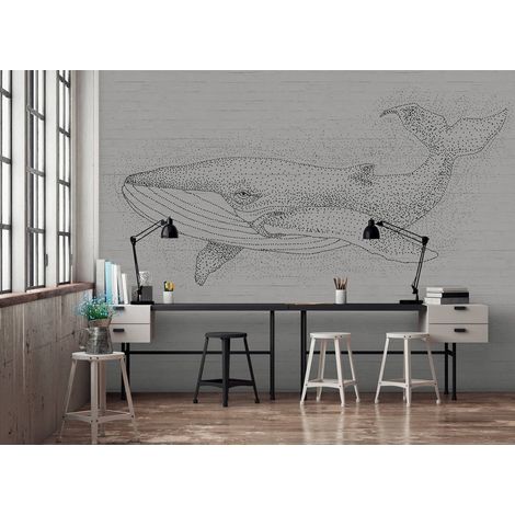 Papier peint panoramique gris baleine effet brique | Tapisserie panoramique animaux pointillés | Papier peint panoramique salle de bain & salon - 270 x 400 cm (4 pièces) (1/5)