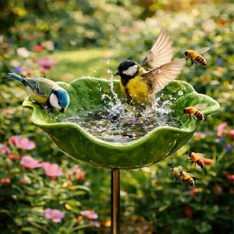 Vogeltränke – 14 x 14 x 65 cm – Hochwertiges Legierungsmaterial – Elegantes Blumendesign – Gartendekoration – Haustierbedarf – Grün (1/5)
