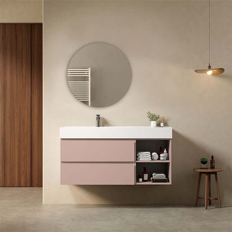 Mobile bagno sospeso 120 cm Rosa Retro Lavabo a Sinistra in Resina Specchio Tondo - Fiji Paint Plus (1/4)