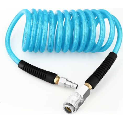 1/4" x 3M Polyurethane Recoil Air Hose 6mm With Bend Restrictor, 1/4" Europe Quick Coupler and Plug, For Air Compressor, Blue (1/5)