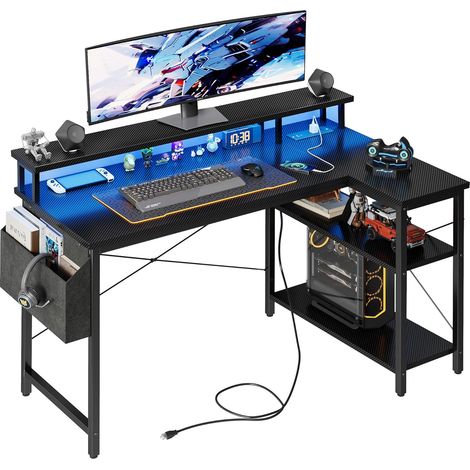 Bureau gaming d'angle noir 120 x 70 cm avec LED et prises