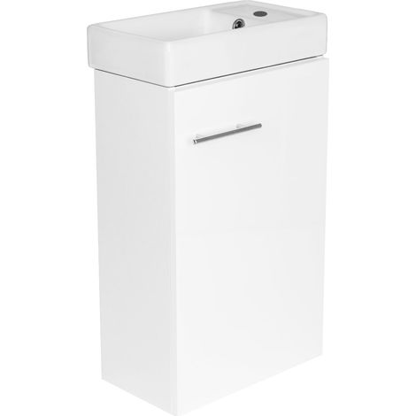 Meuble de salle de bain avec vasque intégrée 60 x 40 cm, blanc brillant, suspendu, petit modèle (1/5)