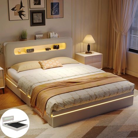 Lit Coffre 160 x 200 CM avec Sommier,Lit Double Rangement avec LED,Lit 160 x 200 avec Rangement sous le lit,deux place,Velours,Beige (1/5)
