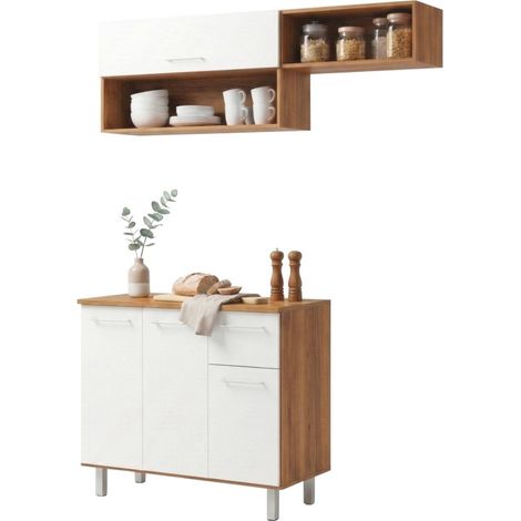 Cuisine équipée 4 Portes 1 Tiroir 5 Niches Chêne et Blanc L 150 H 200 P 40.5 cm (1/5)
