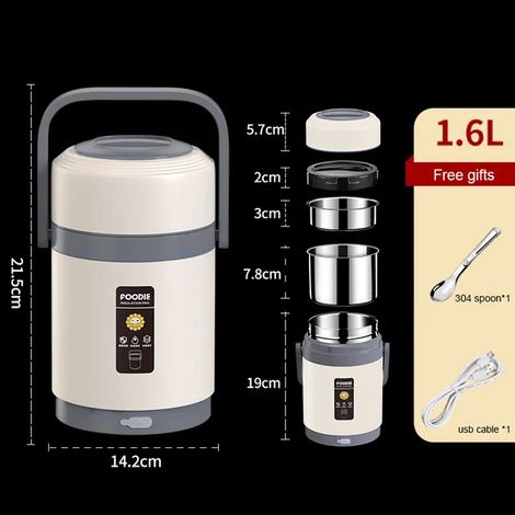 Boîte à lunch isotherme portable chauffante électrique USB (blanche, 1,6 L), en acier inoxydable 304 avec couvercle hermétique. (1/4)