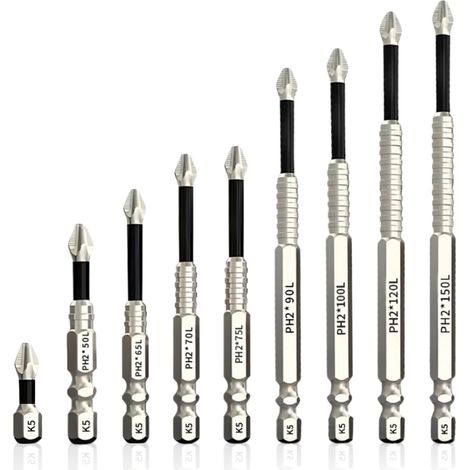 Set di punte antiscivolo K5 - 9 pezzi - Punte per cacciavite magnetiche PH2 - Acciaio inossidabile - Da 25 a 150 mm - Resistenti - Ergonomiche e antiscivolo - 2 M - 9 pezzi (1/3)