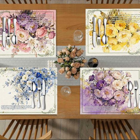 Lot de 4 sets de table/dessous-verres/nappes en lin imprimés à plat, ornés de bouquets élégants peints à la main. Idéaux pour les repas de fêtes et les réunions de famille. (1/4)