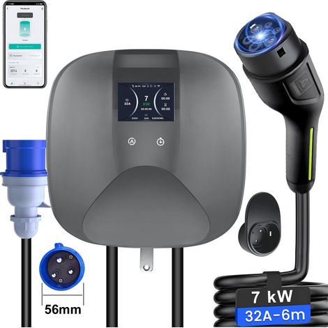 Station de charge JUNSUN 7kW 32A 6m Type 2 CEE – IP67 – Contrôle par App Wi-Fi