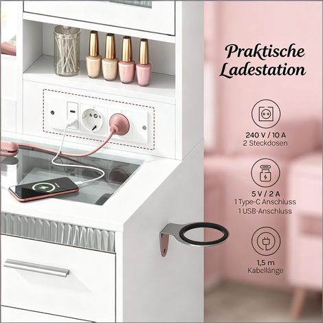 Coiffeuse moderne,coiffeuse avec plateau en verre trempé,bureau avec compartiments ouverts (uniquement avec table de maquillage)
