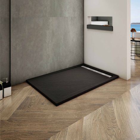 Ocean Sanitaire – Receveur de douche à poser extra-plat 160x80cm – Noir – Antidérapant, antibactérien, résistant aux rayures – Grille inox incluse