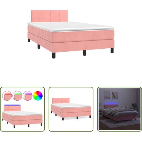 Sommier tapissier - Sommier à lattes de lit et matelas LED rose 120x190 cm velours (1/5)