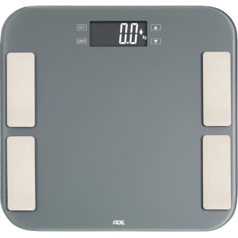 ADE Malou Badezimmerwaage mit Körperanalyse, bis 180 kg, 33 x 33 cm, Grau