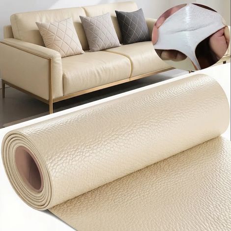 Ensemble de quatre bandes de réparation en cuir PU (blanc cassé, 35 x 200 cm), adaptées aux meubles, canapés, sièges de voiture et chaises de bureau. (1/5)