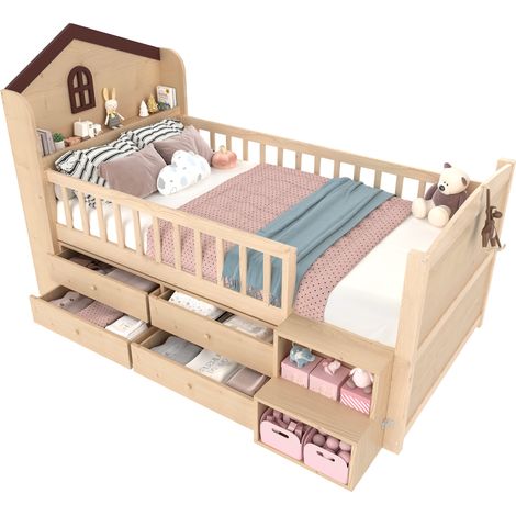 Cama semialta infantil 90x200 cm con forma de casa, LED regulable, 4 cajones, estantes y escalera con almacenaje, ideal para dormitorio infantil CHICFURN (1/5)
