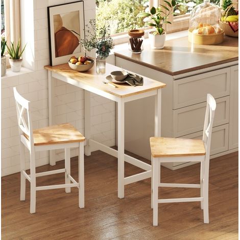 Tavolo bar in legno di caucciù 108 x 48 x 91 cm, effetto rovere, bianco, compatto per 2 persone (1/5)