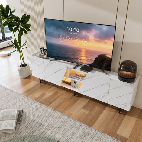 Meuble TV 220 cm Blanc avec LED, Effet Marbre & Portes Inclinées, Large Bas de Télévision Moderne au Design Unique pour Salon (1/5)