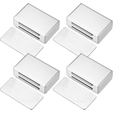 Lot de 4 ferme-portes magnétiques autocollants en acier inoxydable, aimants ultra-plats et puissants pour portes d'armoire et tiroirs, argent (1/5)