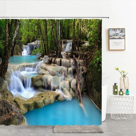 Rideau de douche imprimé 3D motif forêt, 180 x 200 cm, imperméable et lavable, avec crochets, L 90 x H 180 cm
