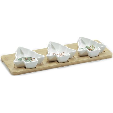 Antipastiera Elegante 3 Posti con Ciotole in Ceramica a Forma di Albero di Natale e Base in Legno di Bambù Porta Stuzzichini