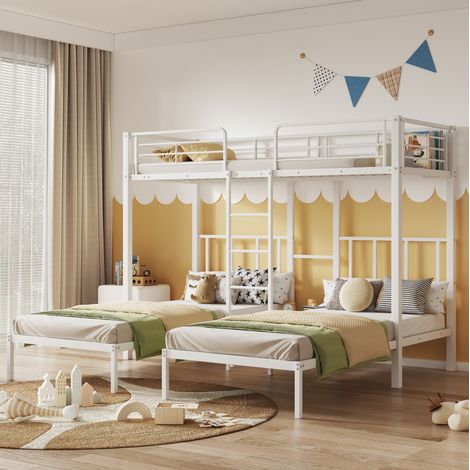 Lit superposé triple en métal blanc 90x200 cm avec échelle, tablette intégrée et barrières de sécurité (1/5)