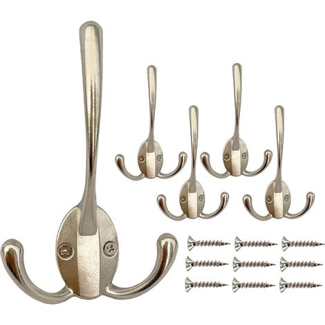 Wall Hook, Triple Coat and Hooks with Screws for Home Jackets Bathrobes Towels Hats Keys Bags, Silver (1/5)