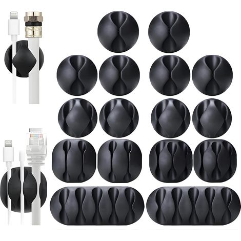 16 pièces Support de câble, adhésif, gestion de câbles, noir, pour bureau et maison (1/5)