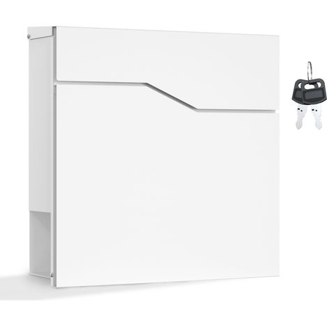 Wiltec Designer Briefkasten V19 weiß 370 x 102 x 370 mm, Wandbriefkasten mit Schloss und Zeitungsrolle, Postkasten aus pulverbeschichtetem Stahl