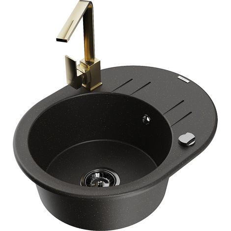 Mexen Kevin lavello in granito 1-vasca con scolapiatti e miscelatore cucina Rita, nero/oro metallizzato - 6517-75-670300-50-B (1/5)