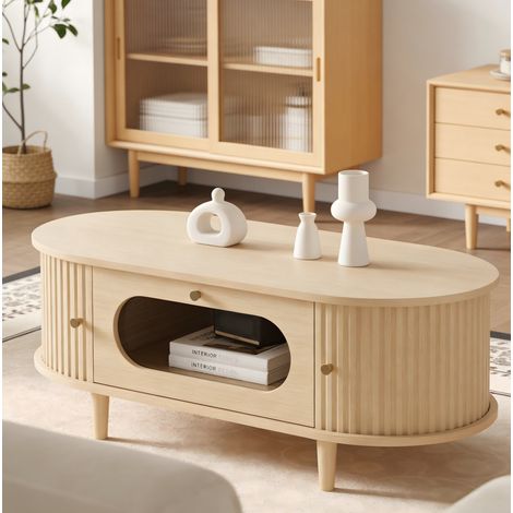 Table basse 100x50x36 avec tiroir et rideau MDF chêne OKMYHOME (1/5)