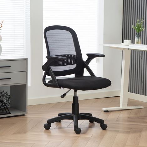 Chaise de bureau ergonomique pivotante en maille respirante, avec accoudoirs pliables et soutien lombaire, noire (1/5)