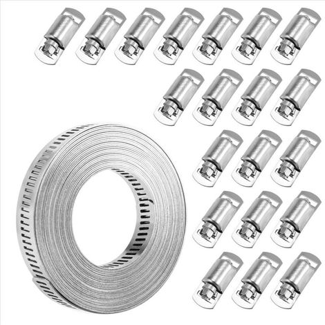 Colliers de serrage 20 pieds, sangle métallique + 20 attaches, bande en acier inoxydable à découper soi-même, réglable, grande vis sans fin (1/4)
