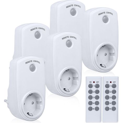 Set di 5 prese intelligenti, presa telecomandata wireless con 2 telecomandi, 2 batterie incluse, portata 30 m, controllo in aree aperte, funzione on/off (1/4)