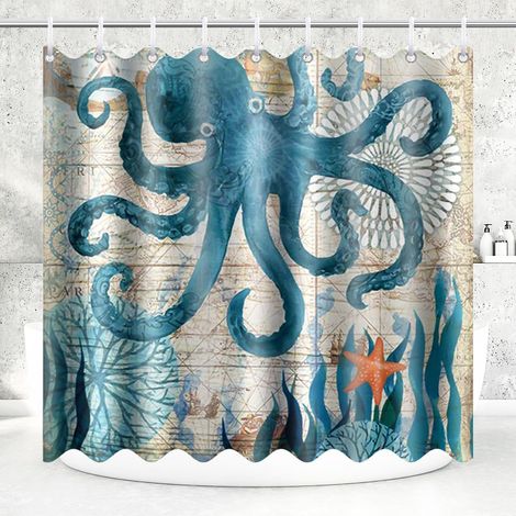 Shower Curtain Polyester Anti-Mold Washable Waterproof Fabric Octopus Pattern, Shower Curtains with 12 Hooks 180x200CM (1/5)