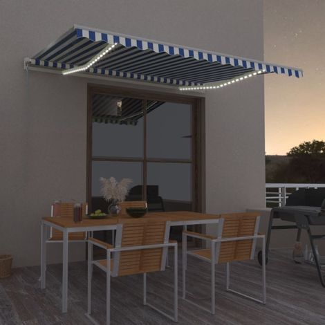 Auvent manuel rétractable avec LED  Store Banne Auvent de jardin 400x300 cm Bleu et blanc 52513