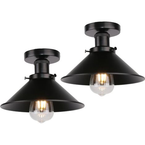 Plafonnier Vintage Rétro Lampe de Plafond Industrielle Fer Abat-jour 22cm Tout Noir 2PCS (1/5)