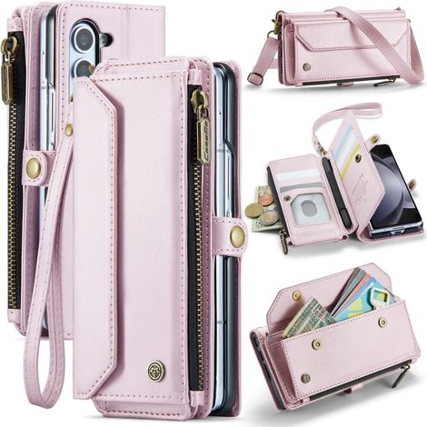 Étui Caseme pour Samsung Galaxy Z Fold6 5G, portefeuille en cuir avec protection RFID et bandoulière, rose (1/5)