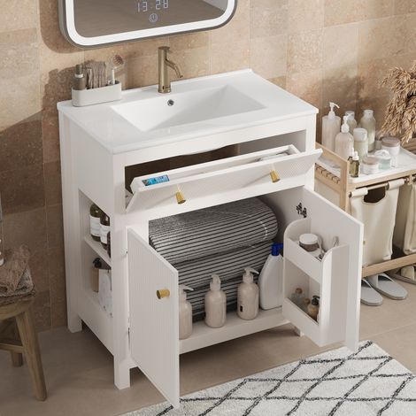 Meuble sous vasque 81x46,5x86,5 cm avec vasque en céramique, 1 tiroir + 1 porte soft-close, MDF blanc (1/5)