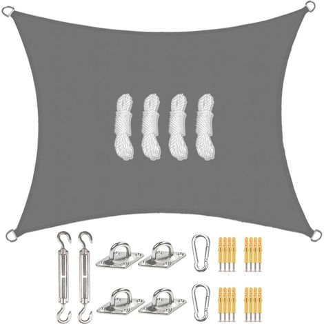 Voile d'ombrage carré, 3 x 3 m, avec kit de fixation, en polyester PES, imperméable, avec cordes de fixation
