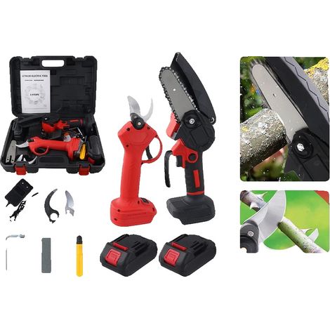 Sierra eléctrica, longitud de la barra guía de 15 cm, potencia máxima de 650 W, velocidad de corte de 5 m/s, incluye 2 baterías, diseño ergonómico. (1/5)