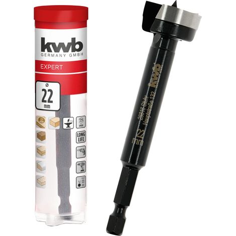 kwb Mèche à bois, Ø 22 mm, mèche à cloche (pour le bois, tête de perçage forgée, affûtage spécial, trous de perçage rapides et sans éclats, pointe de centrage affûtée sur 4 côtés, longue durée de vie) (1/5)